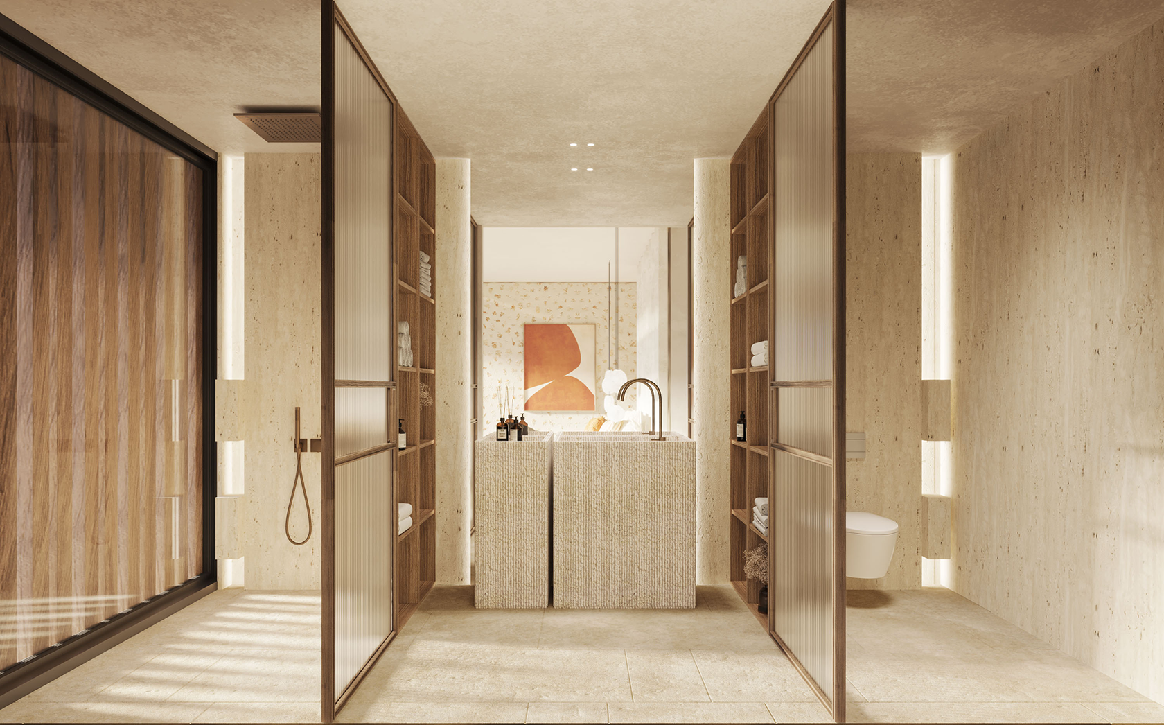 Bathroom interiors emphasizing light, materials, and a sense of calm.